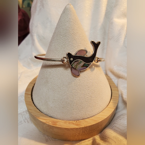 Vintage Mexico Alpaca Silver Shell Inlay Bracelet with Dolphin or Porpoi… - Picture 5 of 11